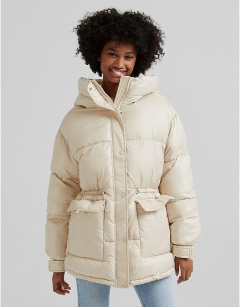 Bershka - Doudoune Oversize À Capuche En Nylon - Beige-sans Opinion