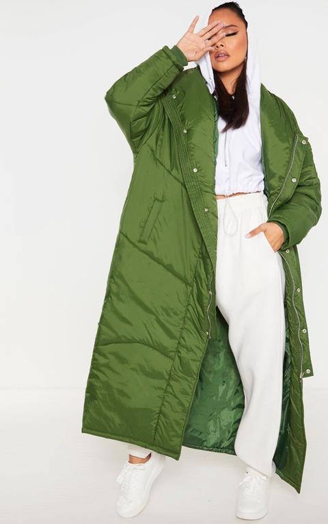 Khaki Green Midi Oversized Puffer Coat