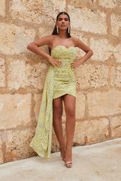 Hand Pleated Chiffon Sweetheart Mini Dress In Yellow Floral