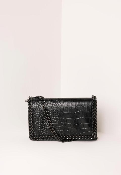 Chain Trim Croc Cross Body Bag Black