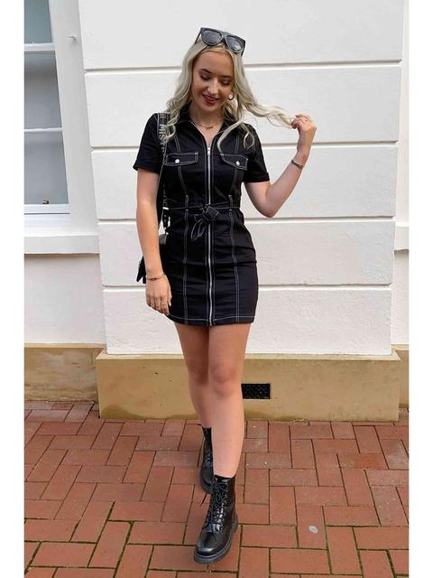 Black Contrast Stitch Bodycon Dress