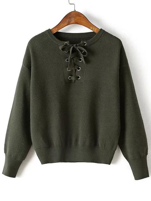 Maglione Spalle Cascanti Con Lacci Occhielli - Verde Miltare