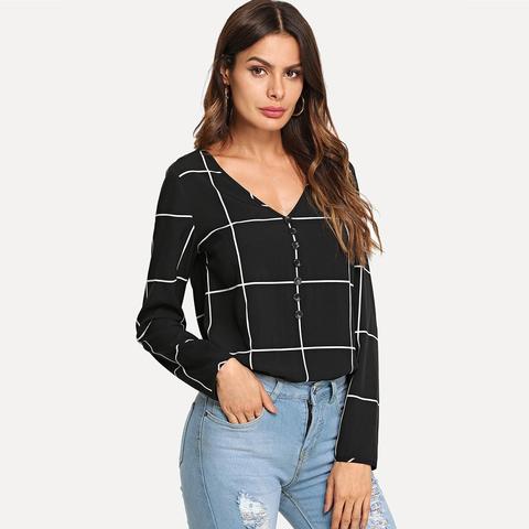 Blusa A Cuadros De Cuello En V Y Botones