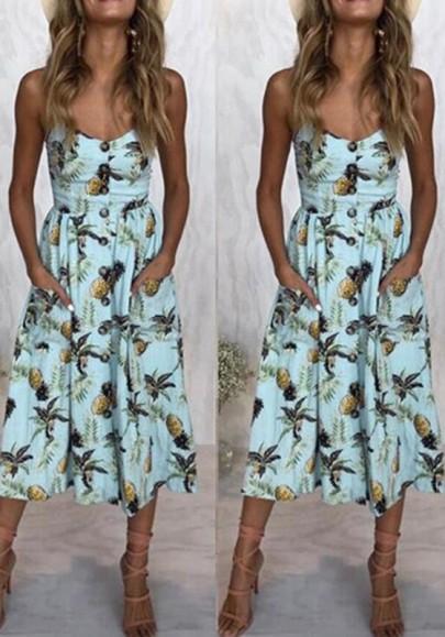 Light Blue Floral Single Breasted Pockets V-neck Midi Dress