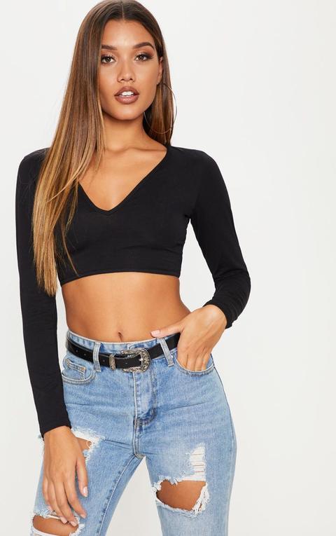 Basic Black Long Sleeve Deep V Crop Top