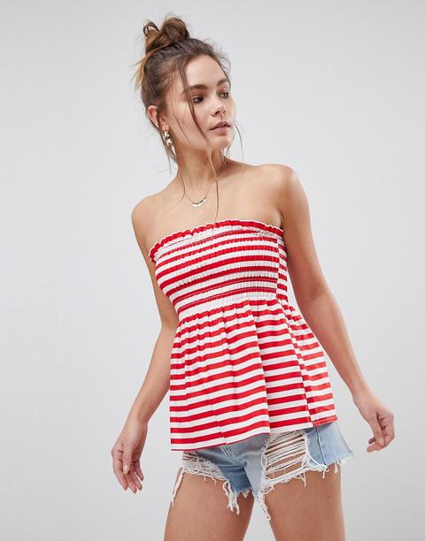 Asos - Top A Fascia Arricciato In Cotone A Righe Rosse - Multicolore