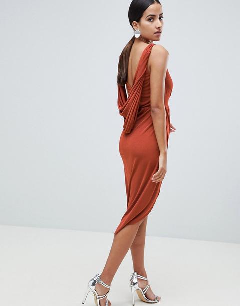 Asos Design - Figurbetontes Midikleid Mit Drapiertem Spitzendetail Hinten - Rot