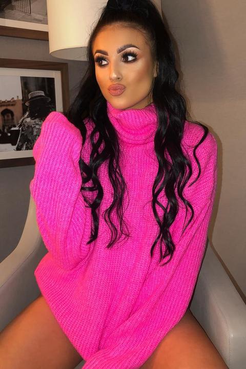 Neon Pink Roll Neck Jumper Dress - Freylynn