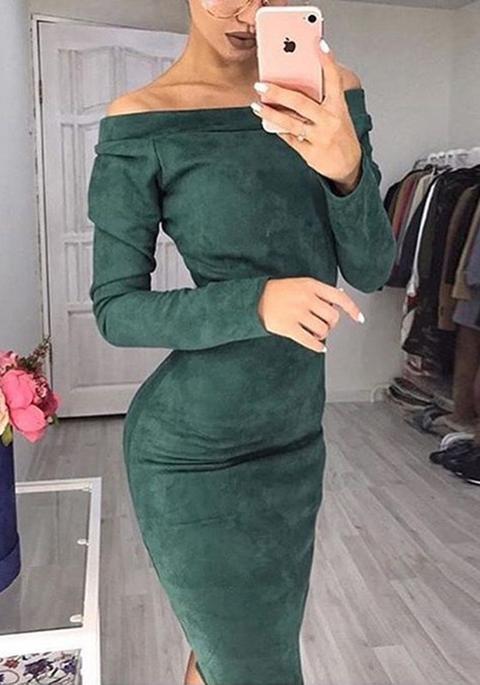 Abito Midi Scollo A Barchetta Manica Lunga Moda Verde