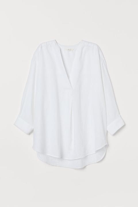 Blusa En Mezcla De Lino - Blanco