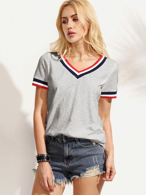 Striped Trim V Neck Tee