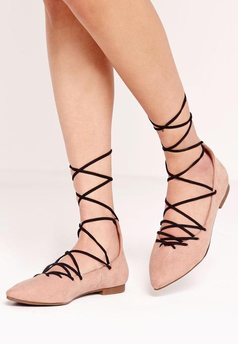 Sweetheart Vamp Lace Up Ballerina Shoes Nude