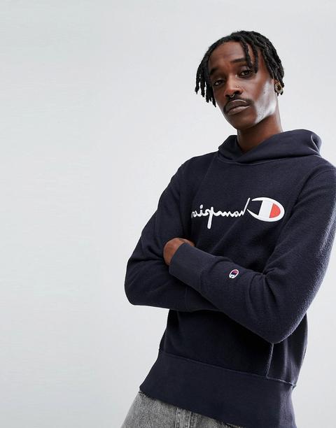 Champion - Felpa Effetto Rovesciato Con Cappuccio E Logo - Navy