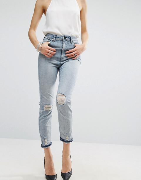 Asos - Farleigh - Mom Jeans Slip Con Vita Alta Stone Wash Chiaro Annabelle Con Ginocchia Strappate - Blu