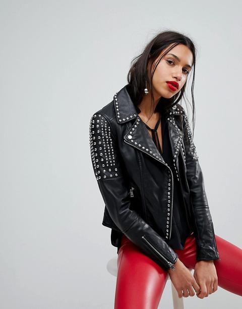 River Island - Bikerjacke Aus Echtem Leder Mit Nieten - Schwarz