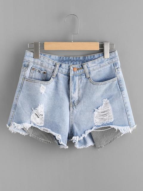 Pantaloncini In Denim Shorts Fray Hem Denim Contro Stripe Patch