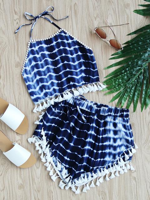 Tassel Trim Tie Dye Halter Top And Shorts Co-ord