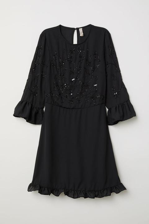 Vestido Con Bordado De Cuentas - Negro