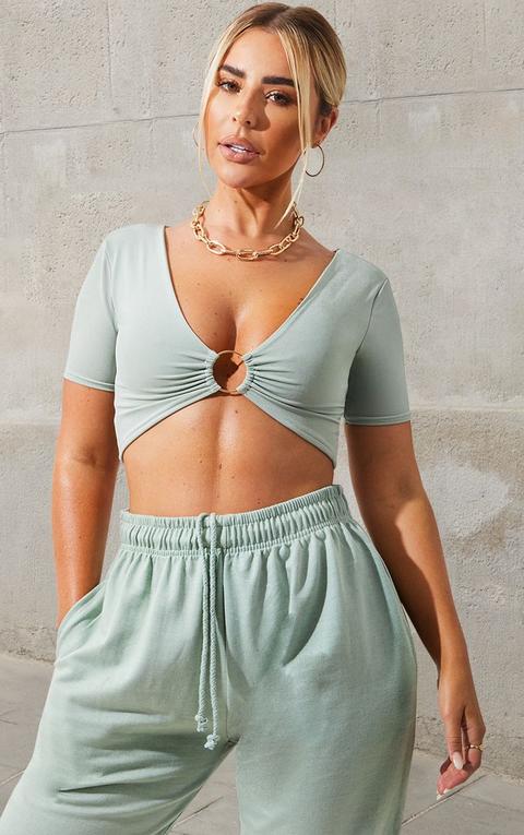 Petite Mint Slinky Ring Detail Crop Top, Green