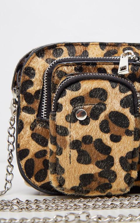 Leopard Faux Pony Hair Multi Pocket Cross Body Bag