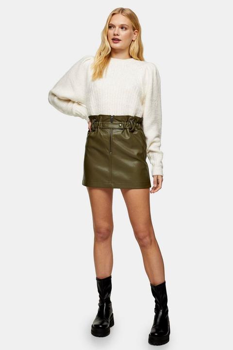 Khaki Zip Paperbag Mini Pu Skirt