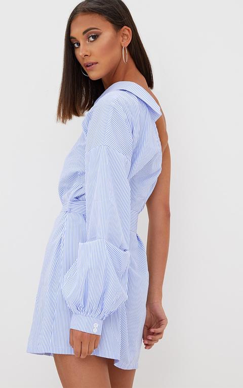 Blue Striped One Shoulder Shirt Dress