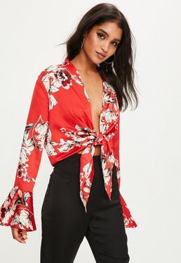 Florale Knotenbluse In Rot