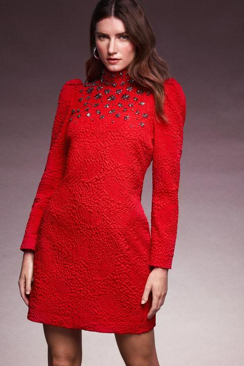 Karen Millen Crystal Embellished Quilted Woven Mini Dress -, Red