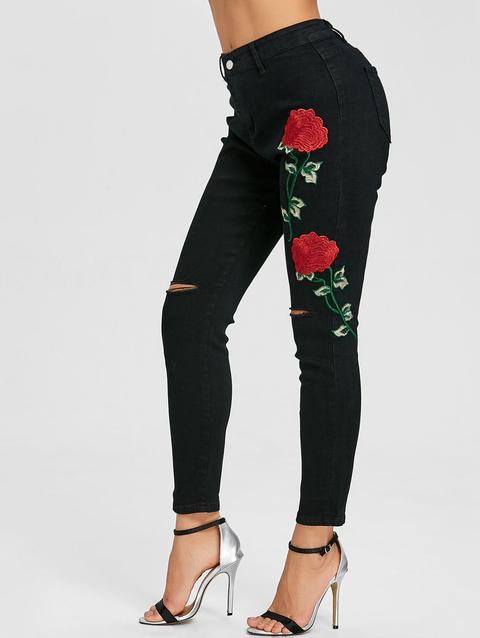 Jeans Aderenti Strappati A Fiori Con Ricamo Floreale