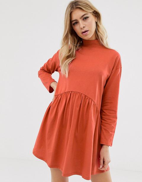 Asos Design High Neck Curve Seam Smock Dress In Orange