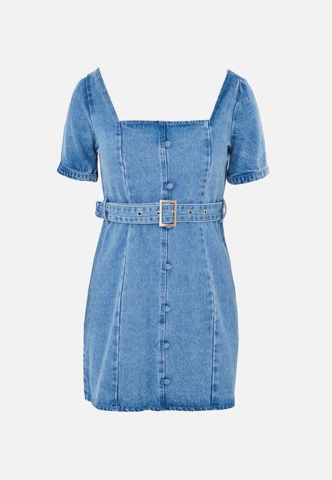 Bleu Clair Robe Courte Bleue En Jean À Manches Bouffantes Et Ceinture