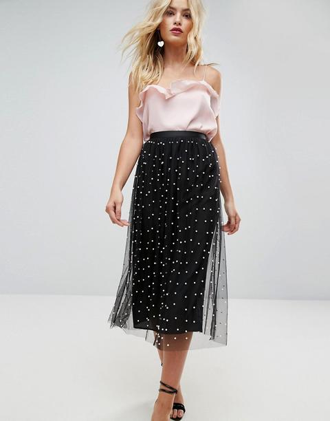 Asos - Gonna Lunga In Tulle Completamente Foderata Decorata Con Perle Sintetiche - Nero