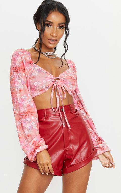 Pink Floral Print Ring Tie Crop Top