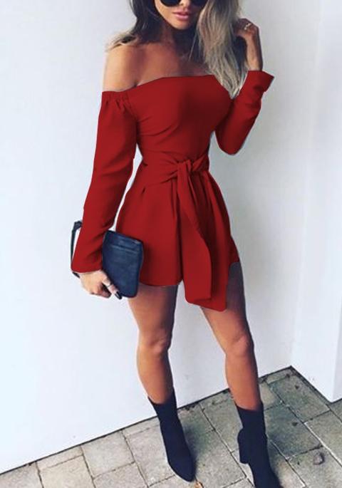 Wine Red Plain Sashes Long Sleeve Fashion Short Jumpsuit