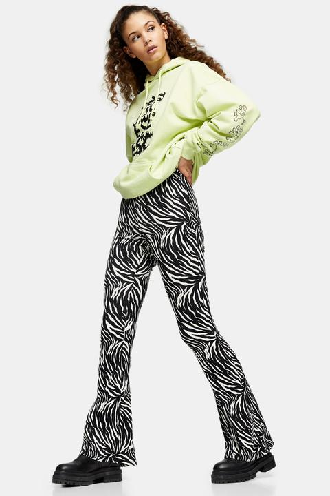 Womens Tall Black And White Zebra Print Crinkle Flare Trousers - Monochrome, Monochrome