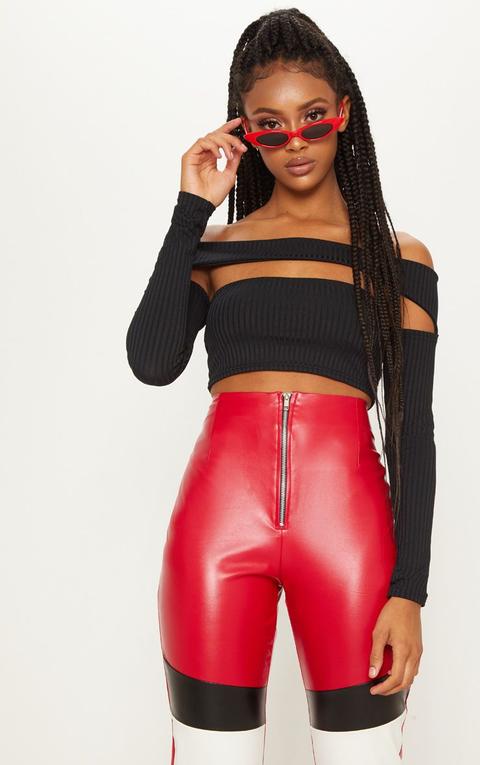 Black Ribbed Bardot Long Sleeve Crop Top