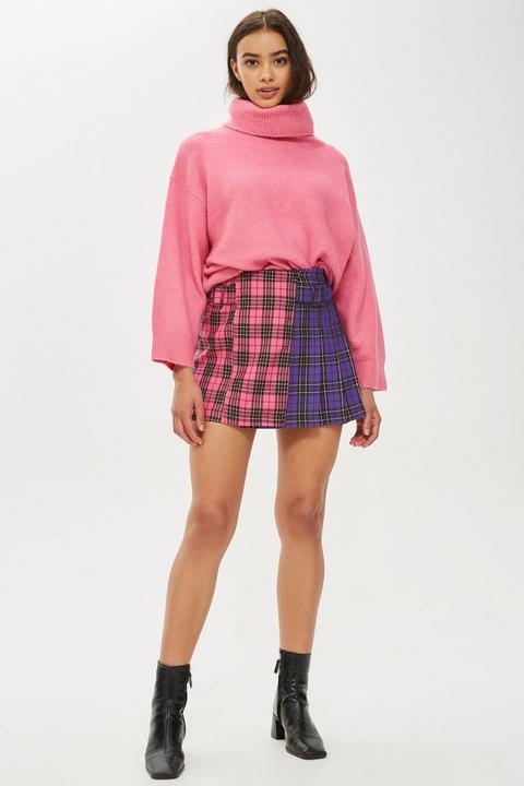 Mixed Check Buckle Kilt Skirt