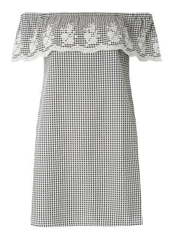 Womens Black And White Gingham Embroidered Bardot Dress- Black, Black