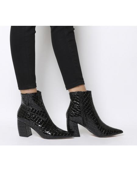 Office Aloud- Point Block Heel Boot Black Croc Patent