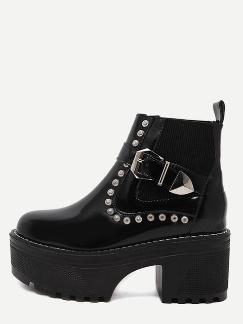 Botines De Charol Con Plataforma Y Hebilla Negro