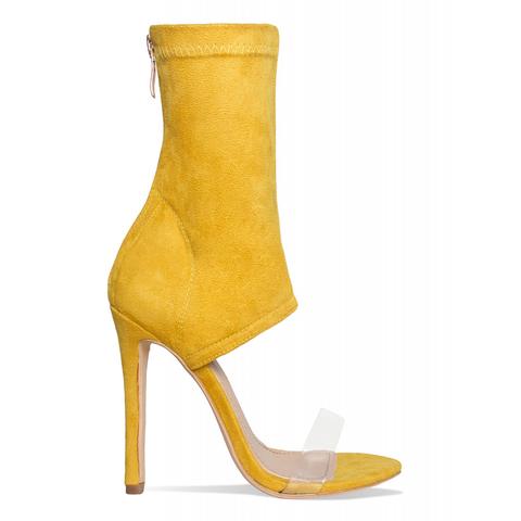 Evelyn Mustard Suede Clear Ankle Stiletto Heels