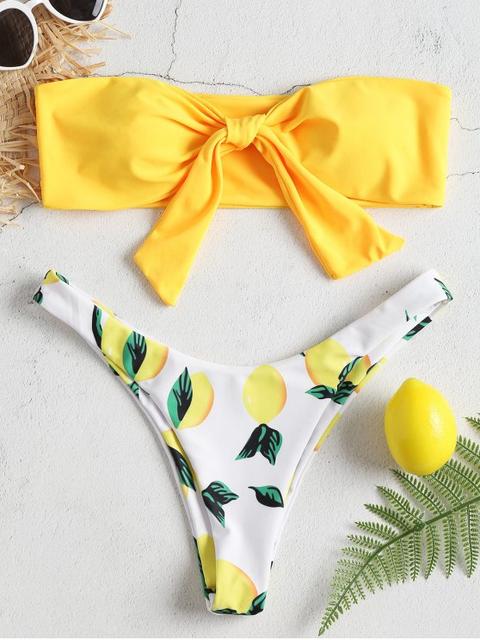 Bowknot Lemon Print Bandeau Bikini Set