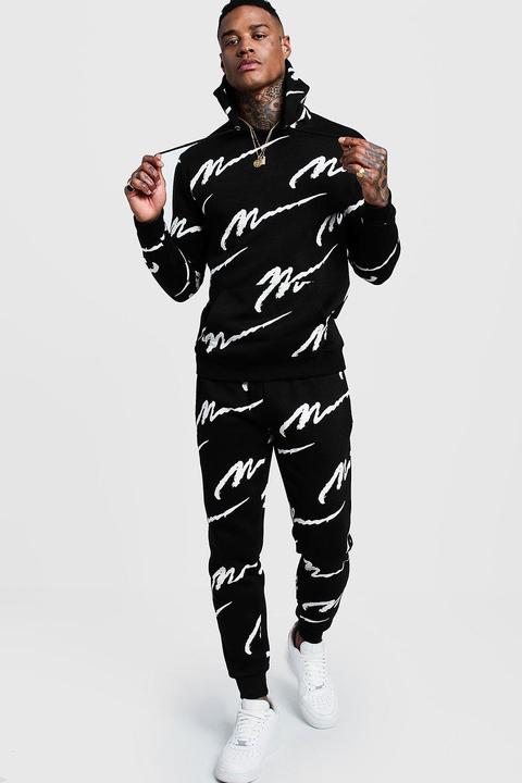 Mens Black All Over Man Printed Hooded Tracksuit, Black