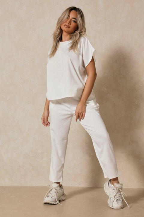 Womens Short Sleeve Boxy Loungewear Set Off White