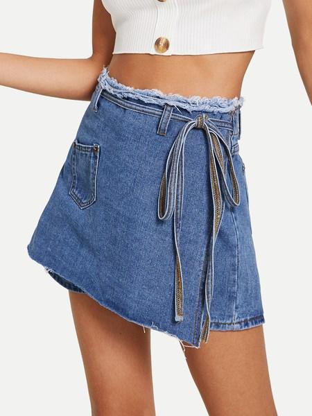 Casuale A Tinta Unita Tasche Blu Pantaloncini Di Jeans