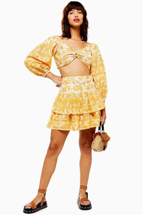 Yellow Printed Broderie Mini Skirt