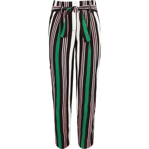 Girls Green Stripe Tie Waist Tapered Trousers