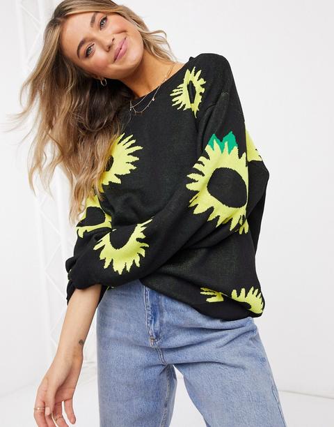 Daisy Street Oversized Jumper In Sunflower Knit-black