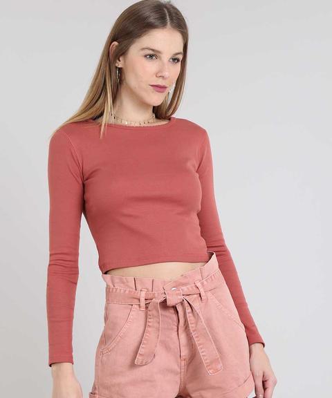 Blusa Feminina Básica Cropped Manga Longa Cobre