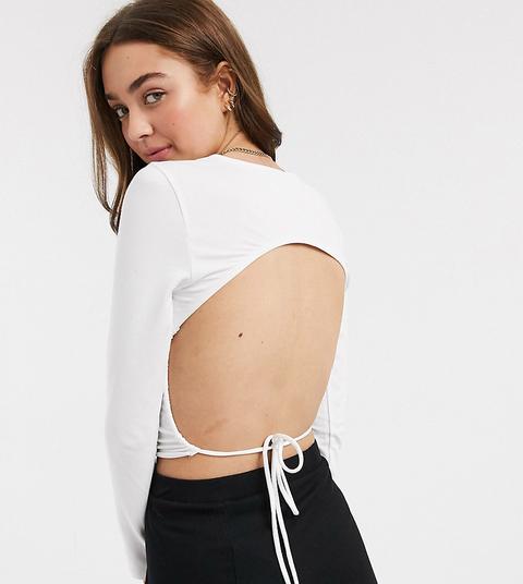 Asos Design Petite Long Sleeve Top With Open Back And Tie-white